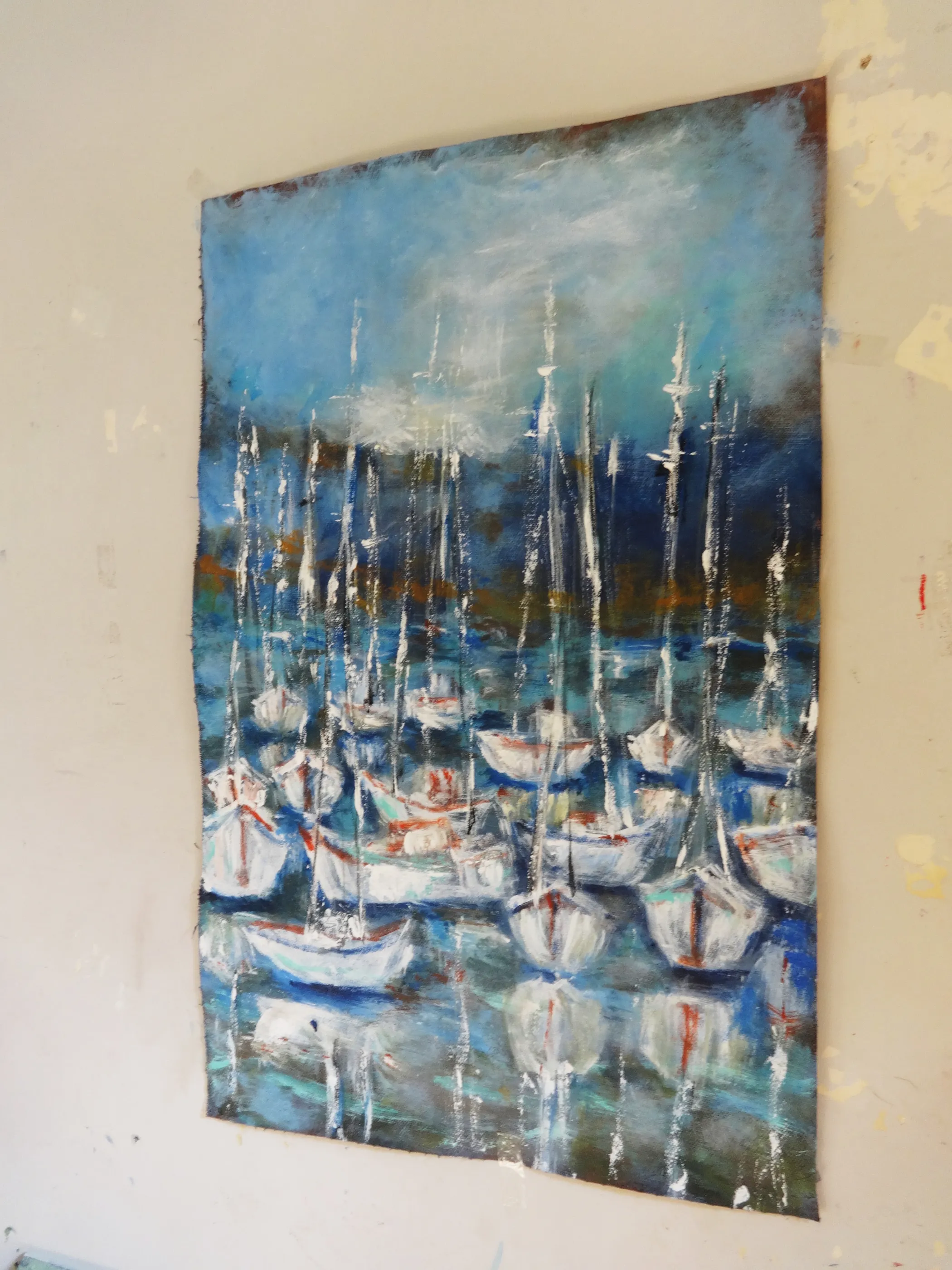 Sailboats at Harbor Semi Abstract Acrylic Painting - View 3